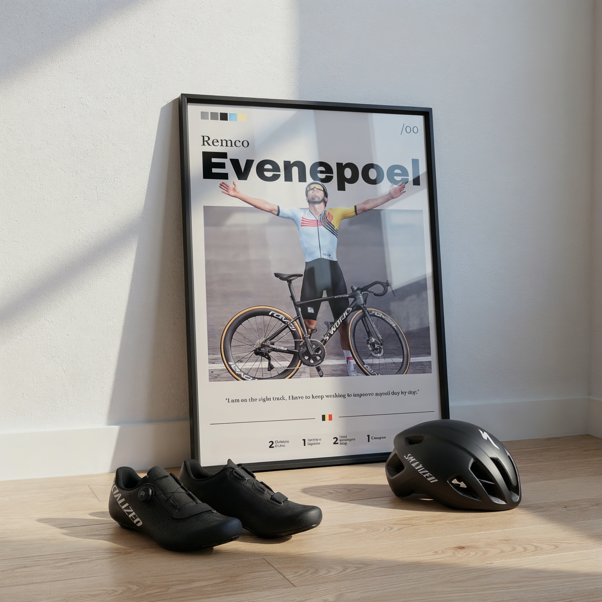 Remco Evenepoel cycling poster leaning towards wall in front of the poster are cycling shoes and a cycling helmet