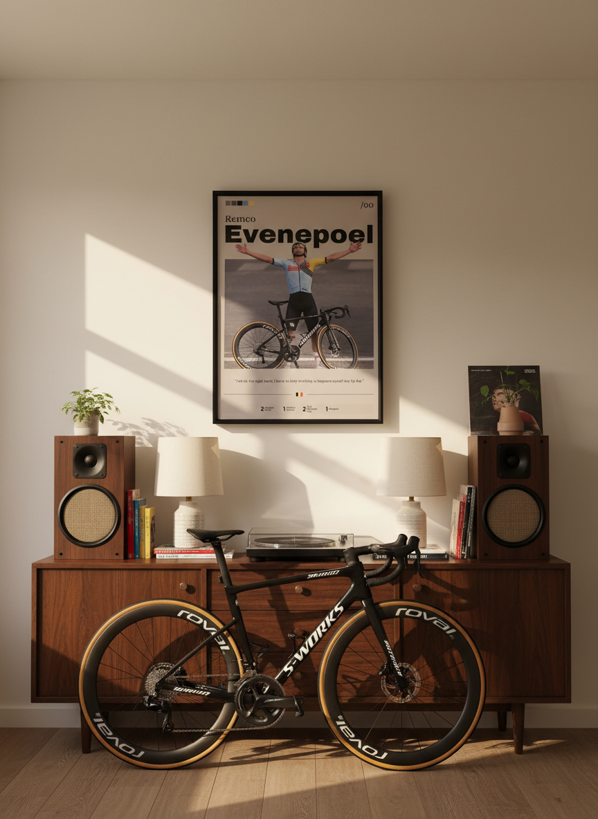 Remco Evenepoel cycling poster hanging in modern and aesthetic cycling room
